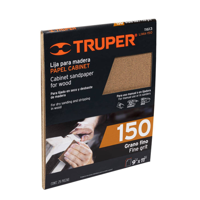 Lija para madera papel cabinet, grano 150, Truper 11613 LIMA-150