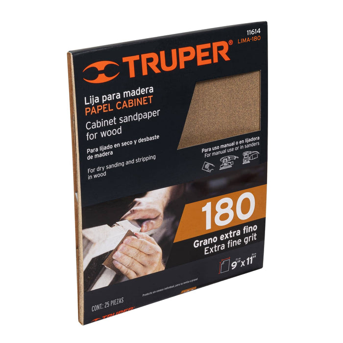 Lija para madera papel cabinet, grano 180, Truper 11614 LIMA-180