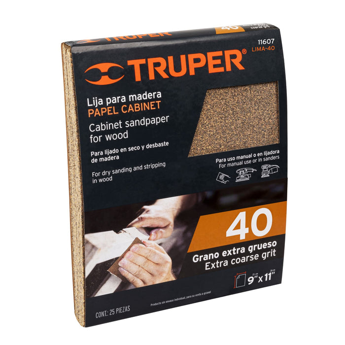 Lija para madera papel cabinet, grano 40, Truper 11607 LIMA-40