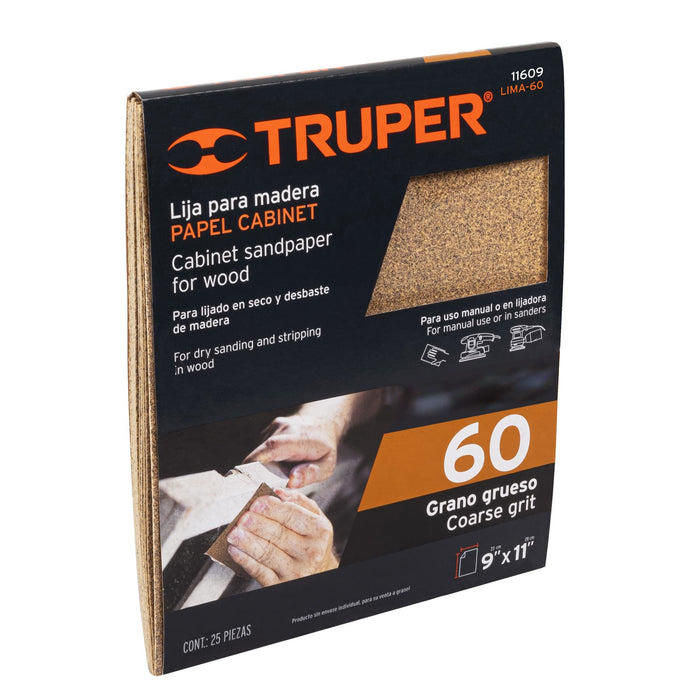 Lija para madera papel cabinet, grano 60, Truper 11609 LIMA-60
