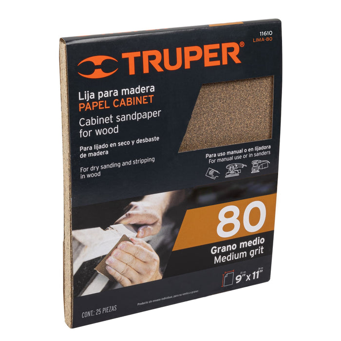 Lija para madera papel cabinet, grano 80, Truper 11610 LIMA-80