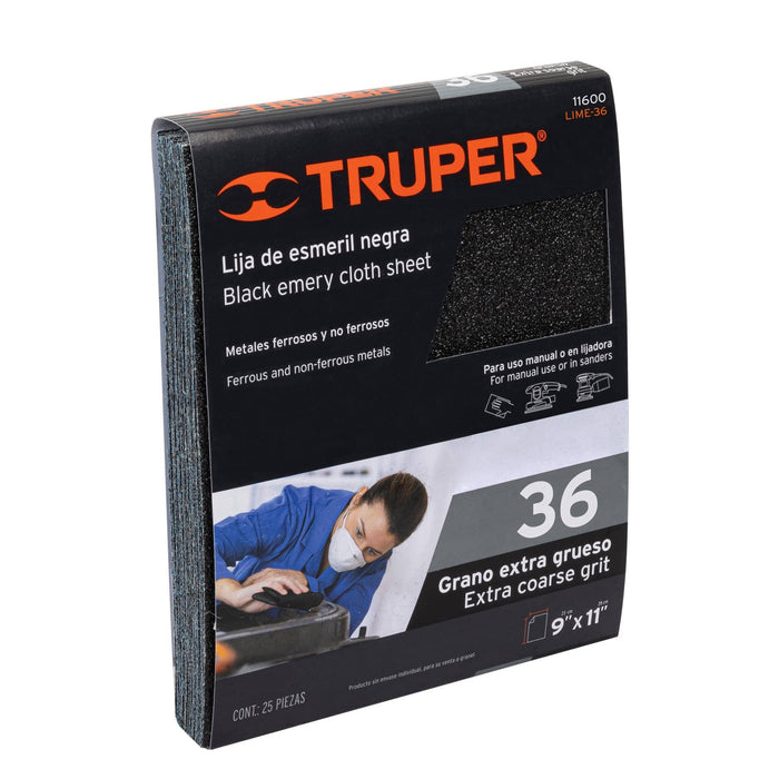 Lija de esmeril negra grano 36 de óxido de aluminio, Truper 11600 LIME-36