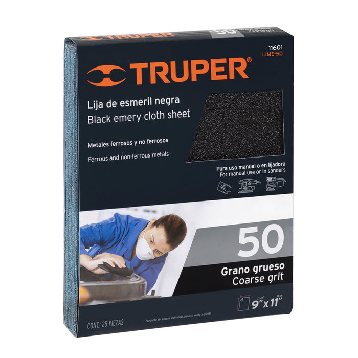 Lija de esmeril negra grano 50 de óxido de aluminio, Truper 11601 LIME-50