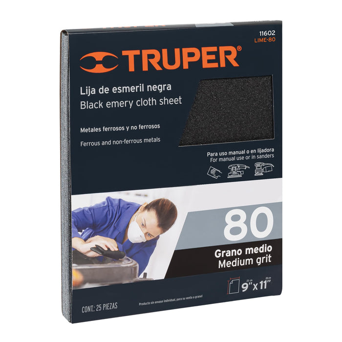 Lija de esmeril negra grano 80 de óxido de aluminio, Truper 11602 LIME-80