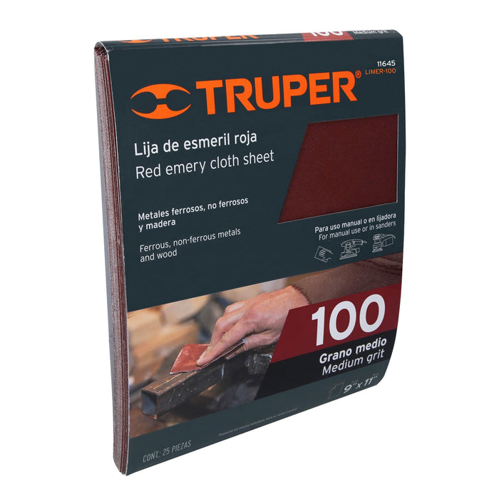 Lija de esmeril roja grano 100 de óxido de aluminio, Truper 11645 LIMER-100