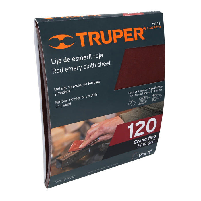 Lija de esmeril roja grano 120 de óxido de aluminio, Truper 11643 LIMER-120