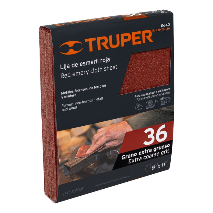 Lija de esmeril roja grano 36 de óxido de aluminio, Truper 11640 LIMER-36