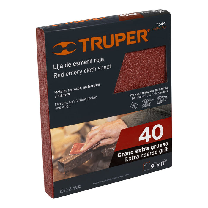 Lija de esmeril roja grano 40 de óxido de aluminio, Truper 11644 LIMER-40