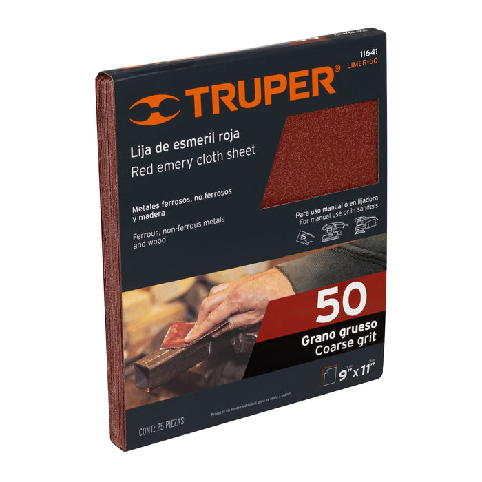 Lija de esmeril roja grano 50 de óxido de aluminio, Truper 11641 LIMER-50