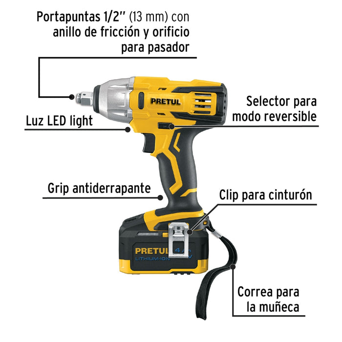 Llave de impacto inalámbrica 1/2', 20 V, Pretul 28268 LIMI-20P