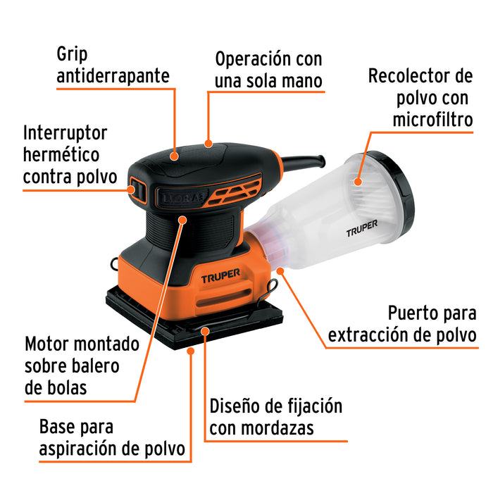 Lijadora orbital 1/4 hoja 240 W, profesional, Truper Código: 102746