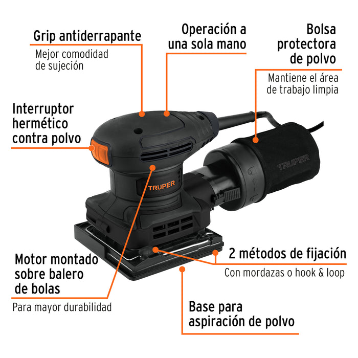 Lijadora orbital 1/4 hoja 300 W, industrial, Truper Código: 103325