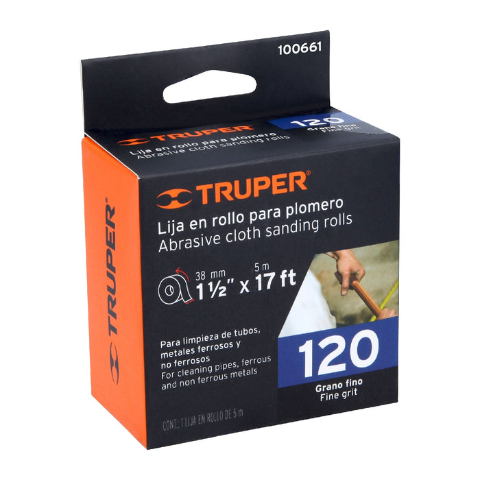 Rollo de 5 m de lija para plomero grano 120 ancho 1-1/2' Código: 100661