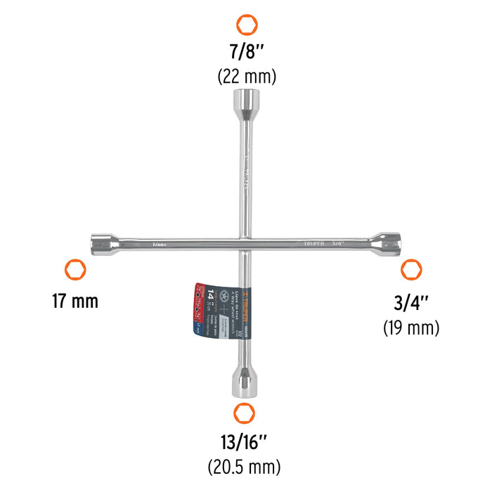 Llave de cruz 14' pulida y cromada, Truper 102635 LLCR-14