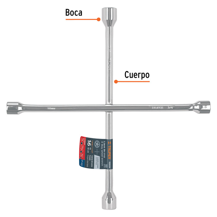 Llave de cruz 16' pulida y cromada, Truper 102634 LLCR-16
