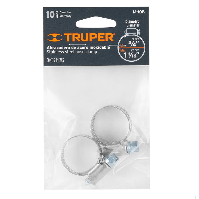 Bolsa c/2 abrazaderas sin fin # 10, 3/4 - 1-1/16', Truper 10013 M-10B