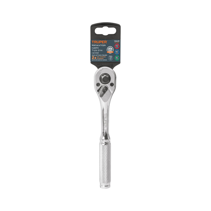 Matraca triple cuadros 1/4', 3/8' y 1/2', Truper Código: 13649