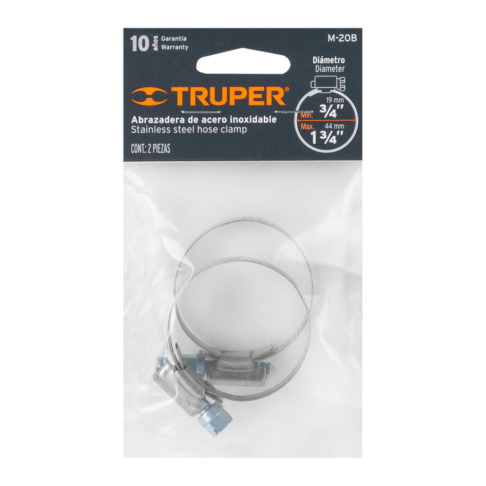 Bolsa c/2 abrazaderas sin fin #20, 3/4 - 1-3/3', Truper 10012 M-20B