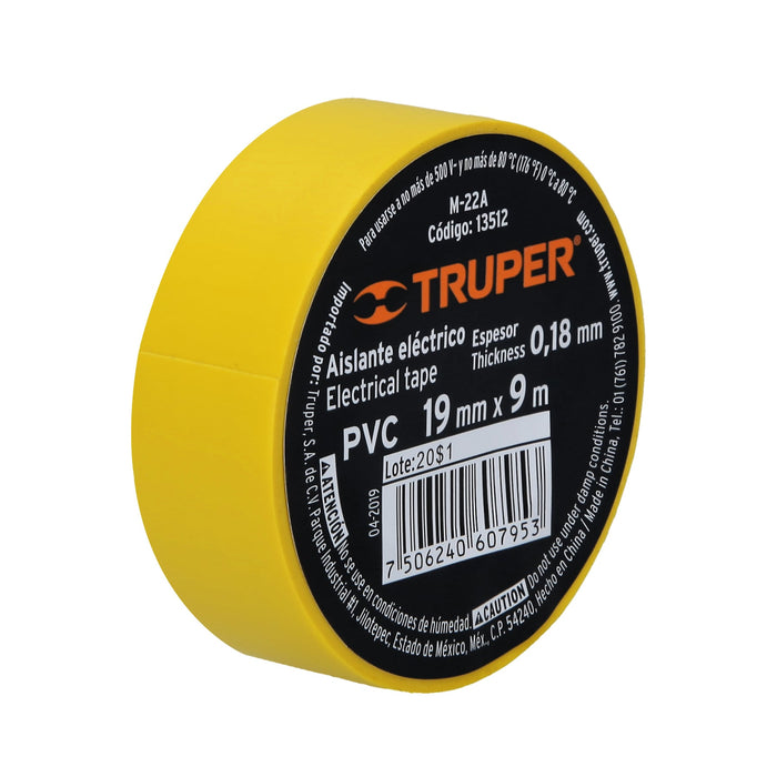 Cinta de aislar de 9 m x 19 mm, amarilla, Truper 13512 M-22A