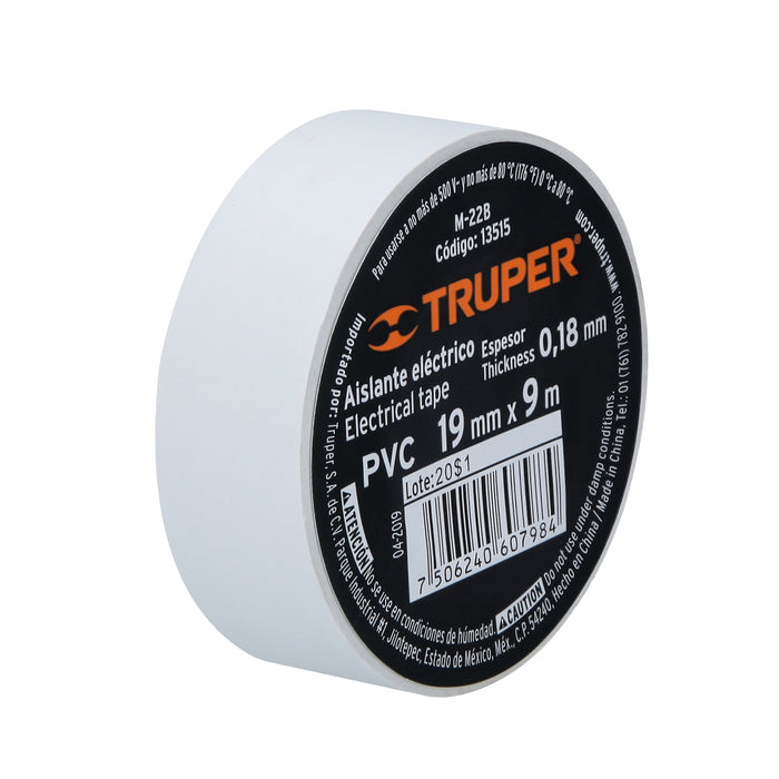 Cinta de aislar de 9 m x 19 mm, blanca, Truper 13515 M-22B