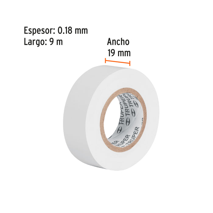 Cinta de aislar de 9 m x 19 mm, blanca, Truper 13515 M-22B