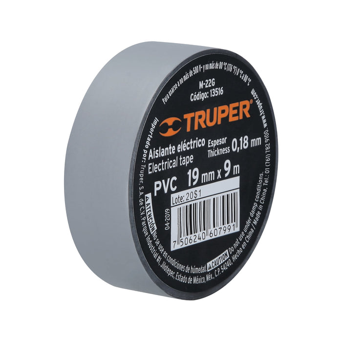 Cinta de aislar de 9 m x 19 mm, gris, Truper 13516 M-22G