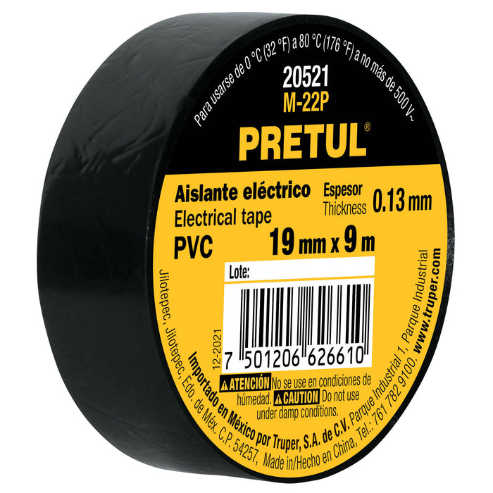 Cinta de aislar de 9 m x 19 mm, negra, Truper 12501 M-22