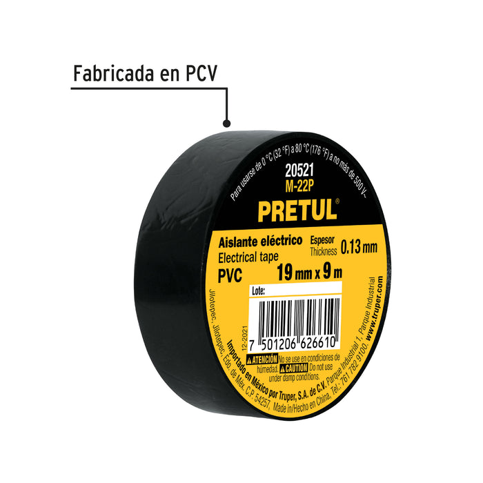 Cinta de aislar de 9 m x 19 mm, negra, Truper 12501 M-22