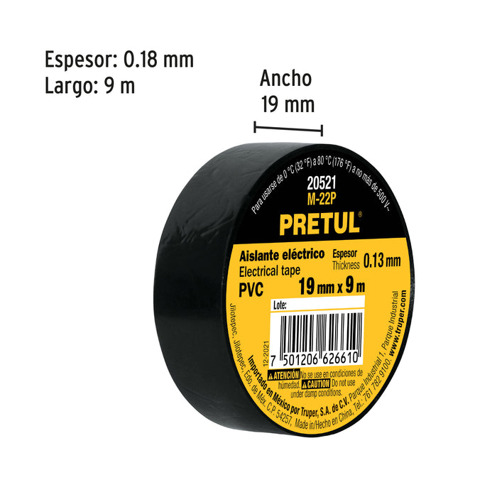 Cinta de aislar de 9 m x 19 mm, negra, Truper 12501 M-22