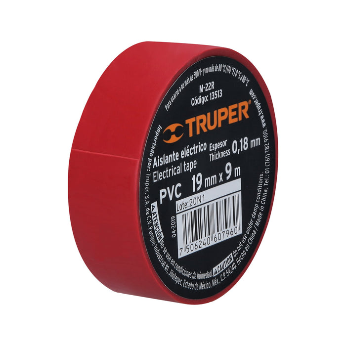 Cinta de aislar de 9 m x 19 mm, roja, Truper 13513 M-22R