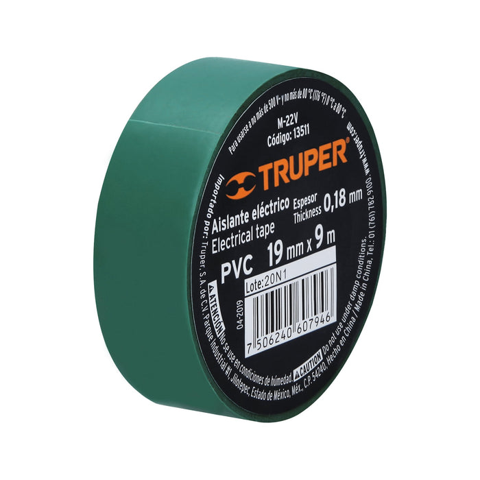 Cinta de aislar de 9 m x 19 mm, verde, Truper 13511 M-22V