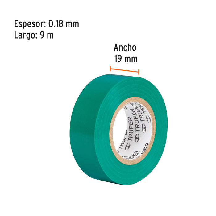 Cinta de aislar de 9 m x 19 mm, verde, Truper 13511 M-22V