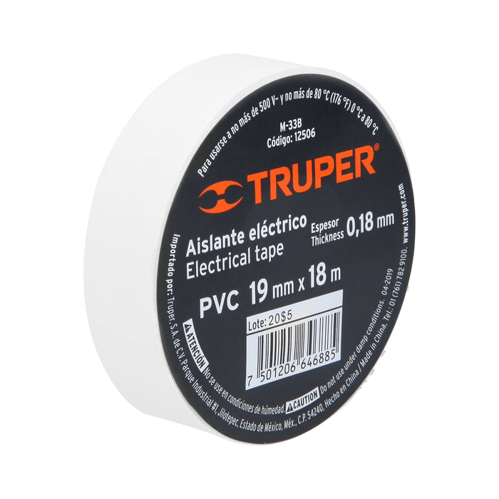 Cinta de aislar de 18 m x 19 mm, blanca, Truper 12506 M-33B