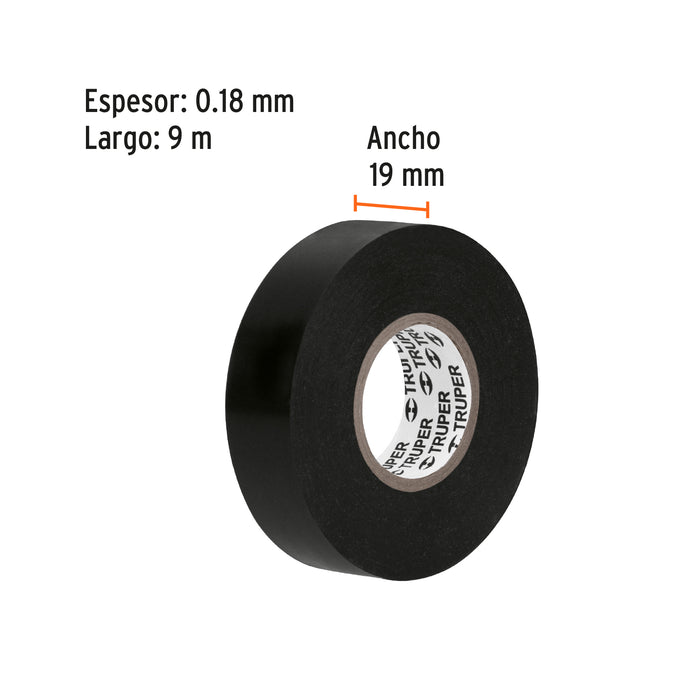 Cinta de aislar de 18 m x 19 mm, negra, Truper 12500 M-33