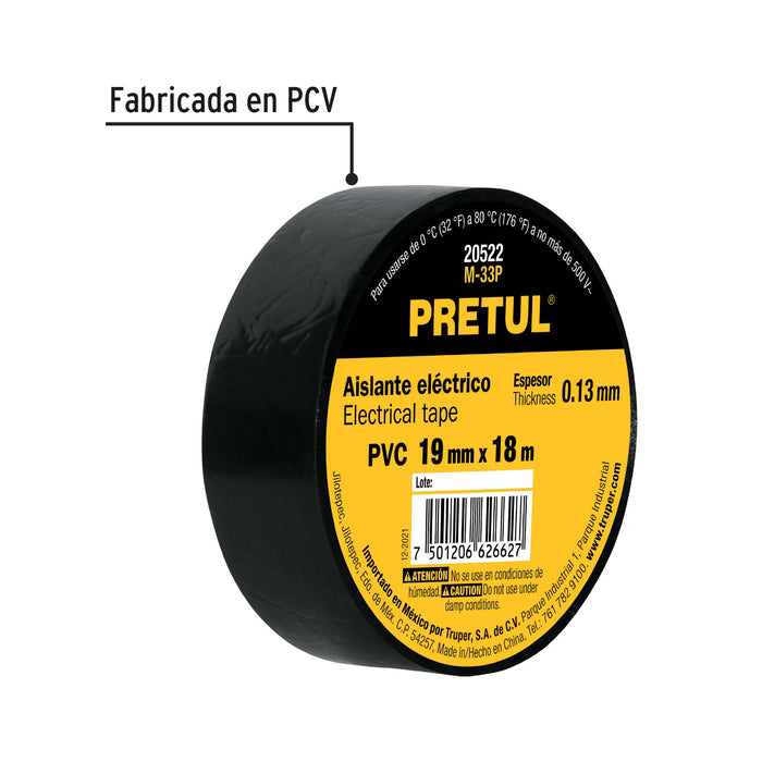 Cinta de aislar de 18 m x 19 mm, negra, Pretul 20522 M-33P