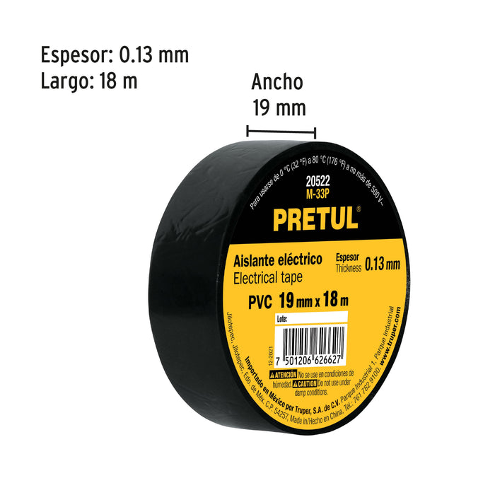 Cinta de aislar de 18 m x 19 mm, negra, Pretul 20522 M-33P