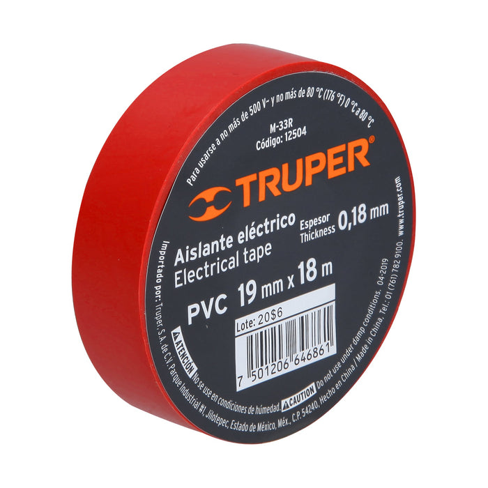 Cinta de aislar de 18 m x 19 mm, roja, Truper 12504 M-33R