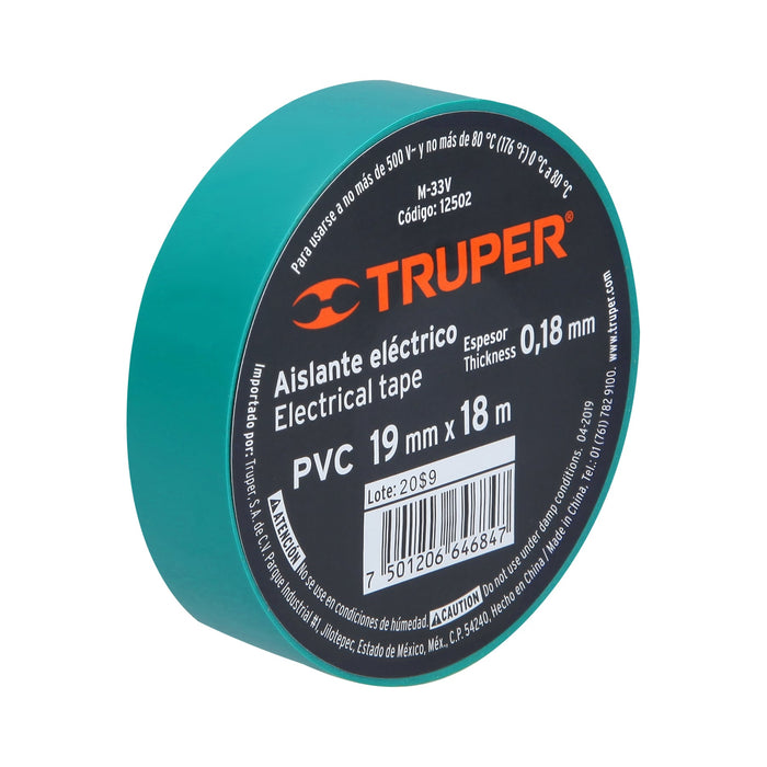 Cinta de aislar de 18 m x 19 mm, verde, Truper 12502 M-33V
