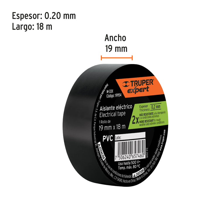 Cinta de aislar de 18 m x 19 mm, negra, Truper 12500 M-33