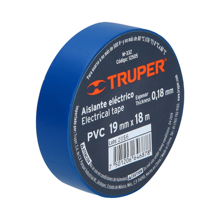 Cinta de aislar de 18 m x 19 mm, azul, Truper 12505 M-33Z