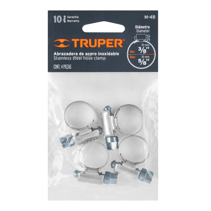 Bolsa c/4 abrazaderas sin fin # 4, 3/8 - 5/8', Truper 10021 M-4B