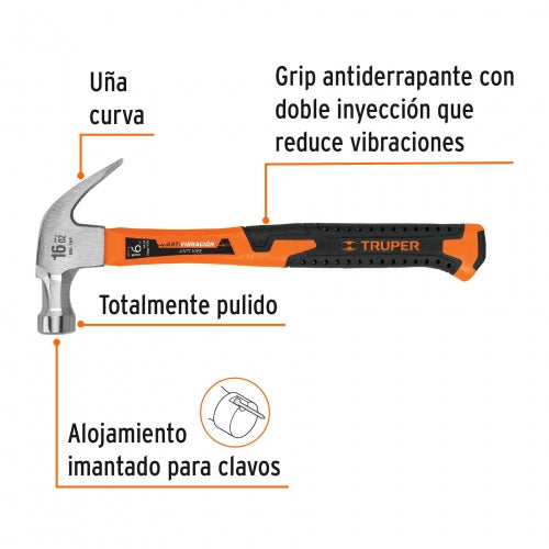 Martillo pulido 16 oz uña curva, mango madera, Truper 16752 MA-16