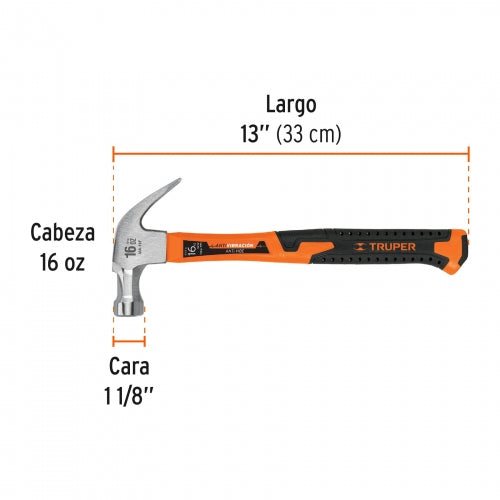 Martillo pulido 16 oz uña curva, mango madera, Truper 16752 MA-16