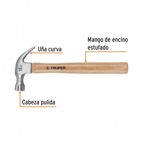 Martillo pulido 16 oz uña curva, mango madera, Truper 16752 MA-16