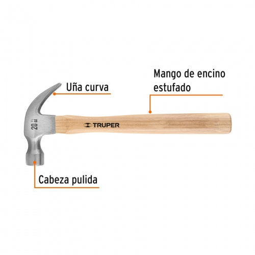 Martillo pulido 20 oz uña curva, mango madera, Truper 16753 MA-20