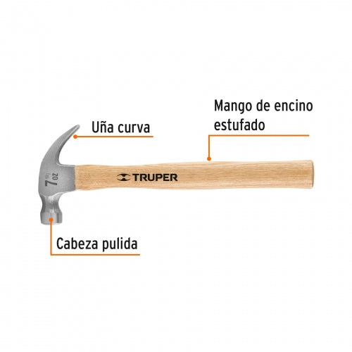 Martillo pulido 7 oz uña curva, mango madera, Truper 16750 MA-7