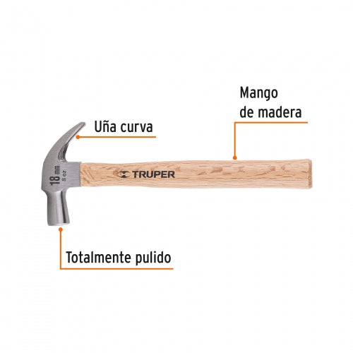 Martillo cabeza cónica 18 mm uña curva, mango madera, Truper 10554 MAC-18