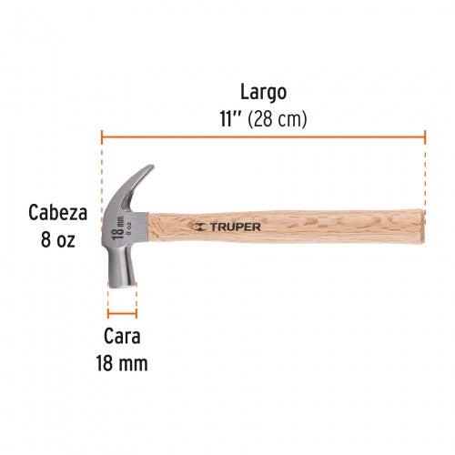 Martillo cabeza cónica 18 mm uña curva, mango madera, Truper 10554 MAC-18