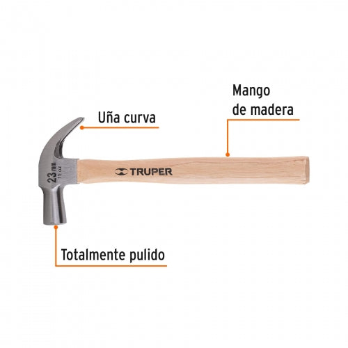 Martillo cabeza cónica 23 mm uña curva, mango madera, Truper 10557 MAC-23