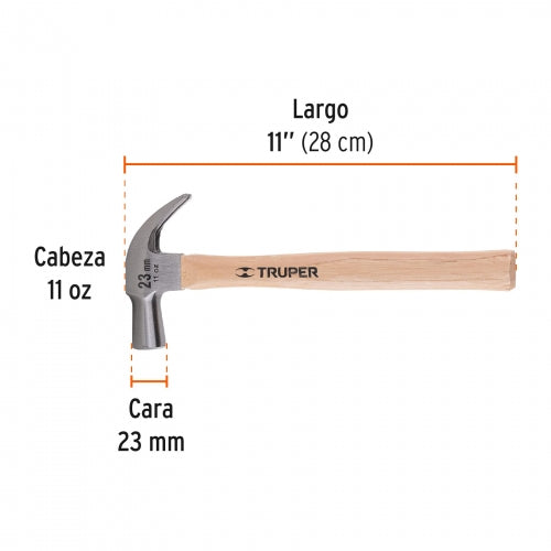 Martillo cabeza cónica 23 mm uña curva, mango madera, Truper 10557 MAC-23